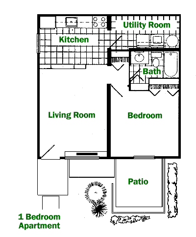 Floor plan for one bedroom and one bath